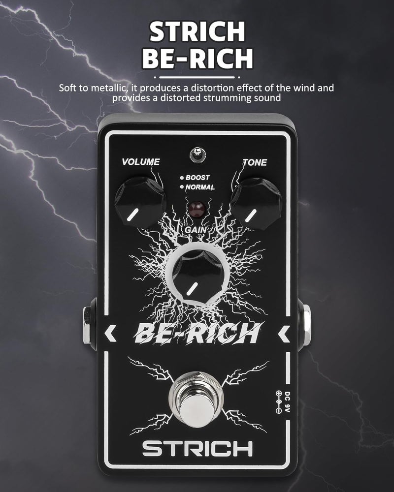 STRICH BE-RICH Tube Overdrive Distortion Pedal for Electric Guitar, Compact and Mini Design, True Bypass, 3 Control Knobs, Volume, Tone, Gain, Dual Modes, Boost, Normal, 9V DC, Black - Image 3